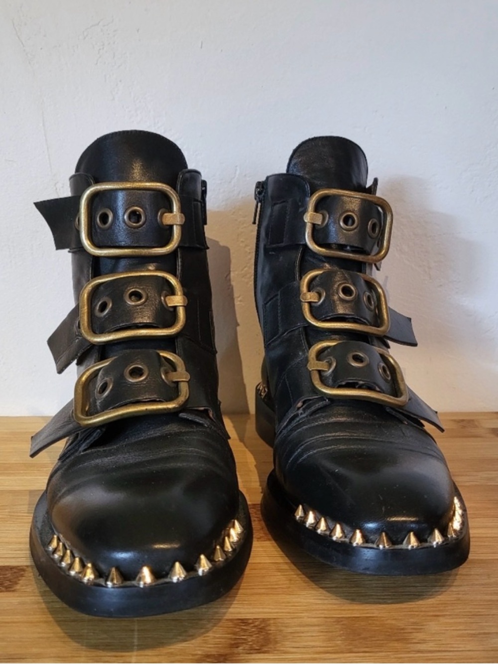 Ras Black Leather Combat Boots with Gold Buckles & Studs